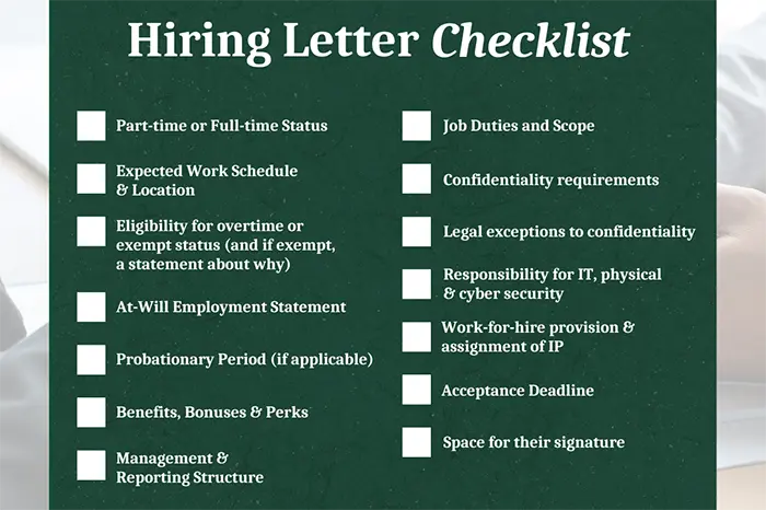 A checklist of things to include when you present a hiring letter to a potential teammate